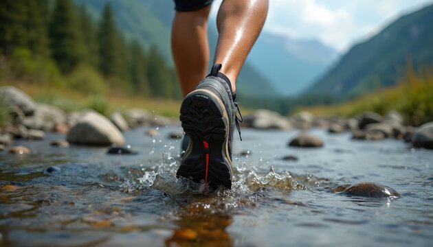 Man wearing hiking shoes walking through shallow stream. Adventure, nature, outdoor. Legs, feet, hiking boots close-up. Tourist crosses river. Healthy lifestyle, recreation, jog. Water splash,