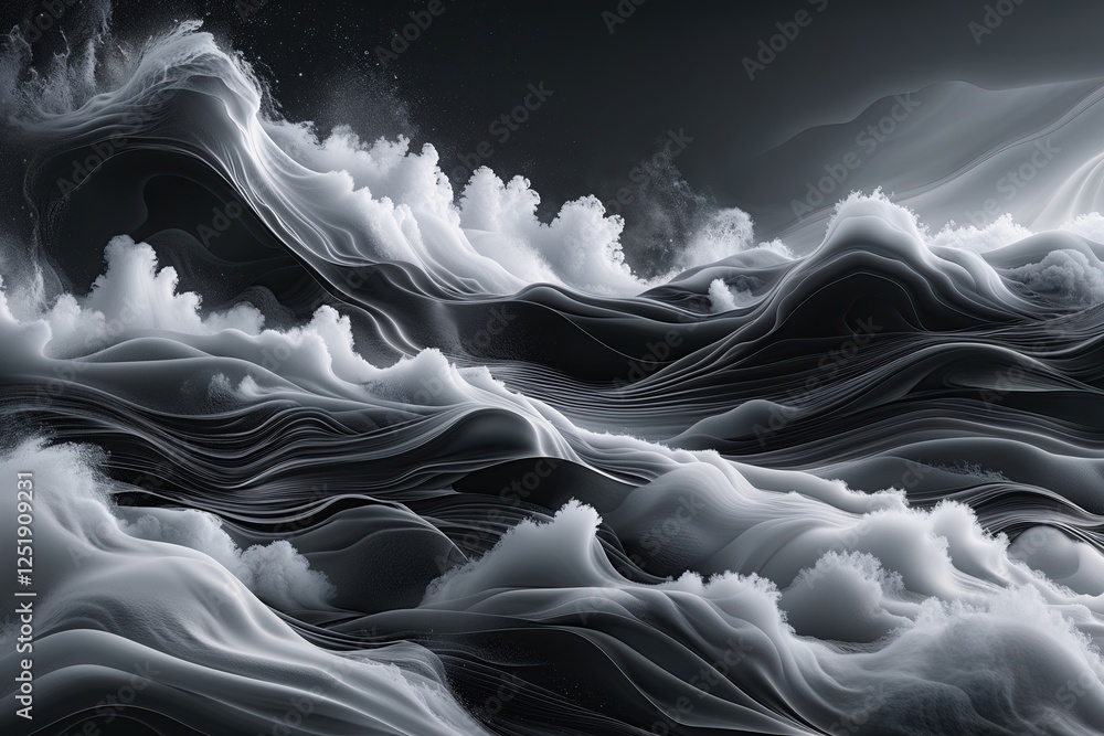 Poster surreal black and white abstract liquid flow with cloudy texture and smooth wave gradient for contem