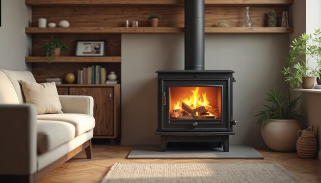 Indoor shot features burning stove inside a modern living room. The stove uses granules for fuel providing warmth and is cozy. Fire creates flames inside the stove.