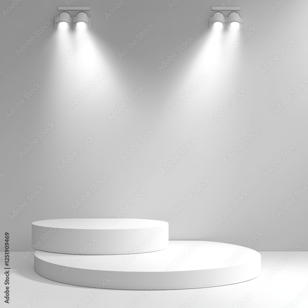 Poster Minimalistic white podium illuminated by spotlights on a light gray gradient background in a spacious, empty setting