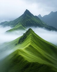 Majestic mountain peaks surrounded by mist nature landscape serene environment aerial view
