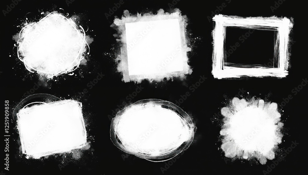 Poster set includes spray paint frames. white brush stencil graffiti borders square, oval, rectangular shap