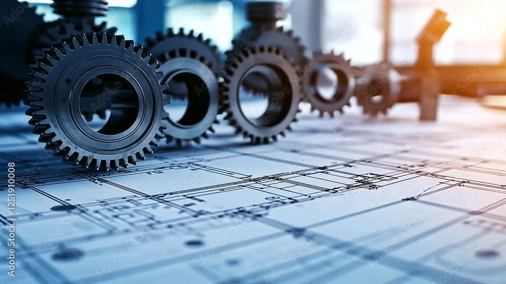 Poster a close-up shot of a detailed technical blueprint with interconnected gears and mechanical component