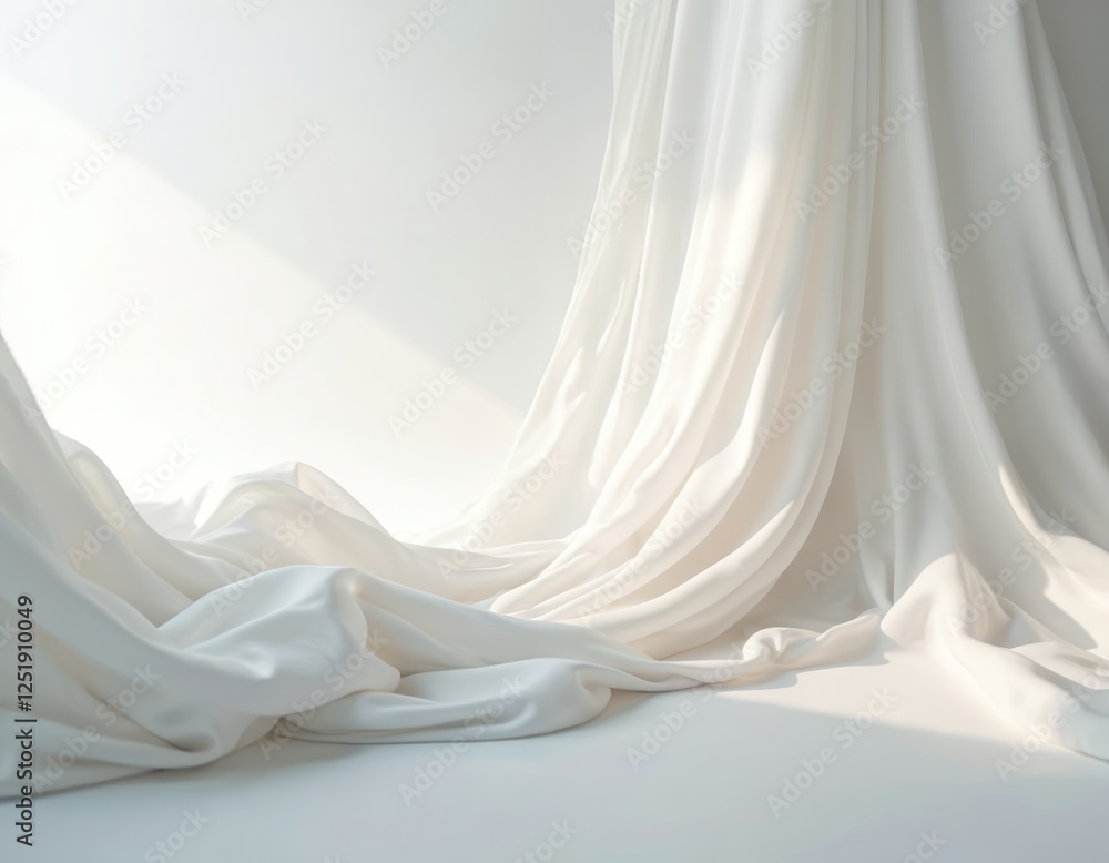 Aufkleber white silk fabric drapes against white background creating soft tranquil scene. elegant flowing mate