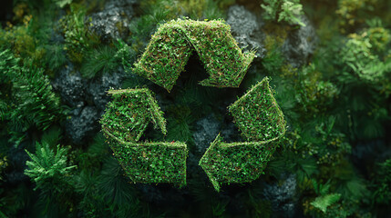 Modern green recycling symbol crafted from repurposed materials among natural elements