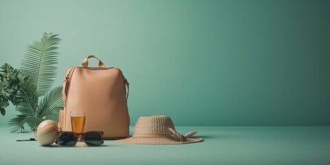 Summer travel essentials backpack hat sunglasses and drink on green background