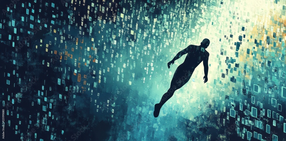 Aufkleber digital man swims through a stream of fragmented data