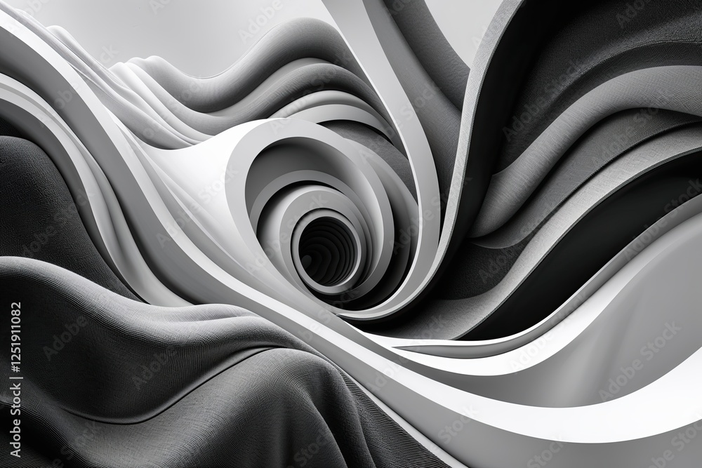 Poster monochrome black and white abstract design featuring layered noise structure liquid spiral and plush