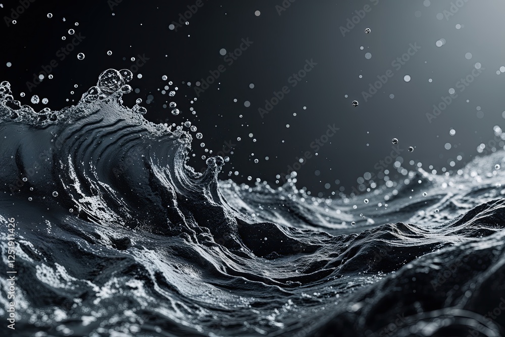 Poster dynamic black and gray abstract liquid flow with gritty noise vibration and wave gradient for impact
