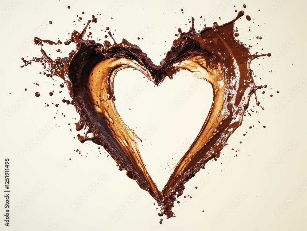 Poster coffee splashes create an abstract heart shape in rich brown tones with dynamic brushstroke style