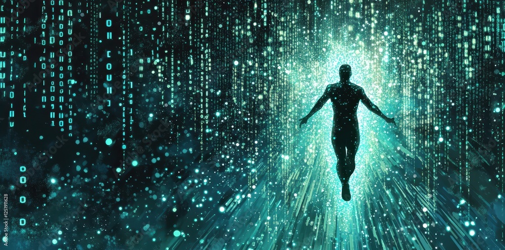 Aufkleber silhouette figure floats within stream of digital data matrix