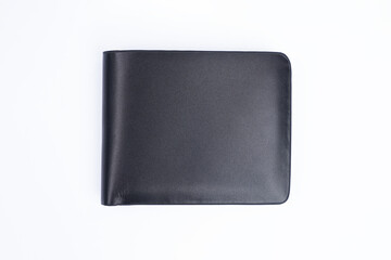 Genuine leather fashionable black wallet for men's isolated on a white background. A professional and stylish look. top view of black leather wallet. banknotes and put card inside