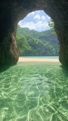 Serene beach cave view tropical paradise nature coastal environment underwater perspective