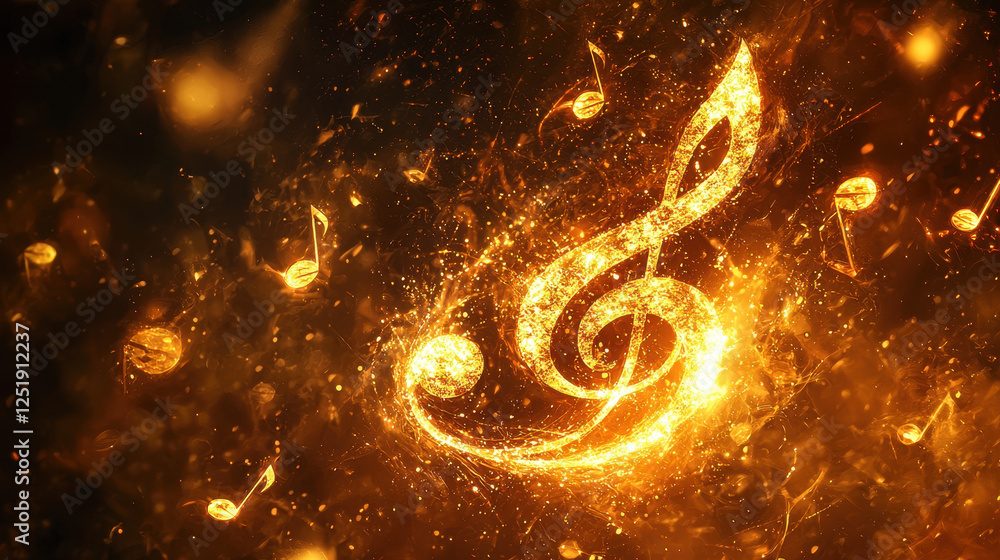 Poster golden treble clef surrounded by floating musical notes in a minimalistic setting