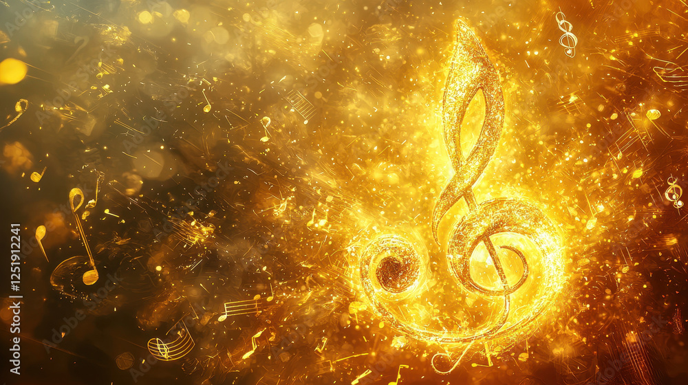 Poster Golden treble clef illuminated by floating musical notes in a minimalistic design