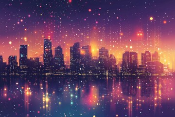 Fototapeta premium Nighttime city skyline with bright colorful light effects