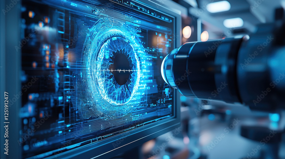 Aufkleber close-up view of advanced eye scan in futuristic ophthalmology setting