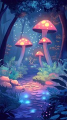 Fototapeta premium Enchanted forest path with glowing mushrooms and fairy lights