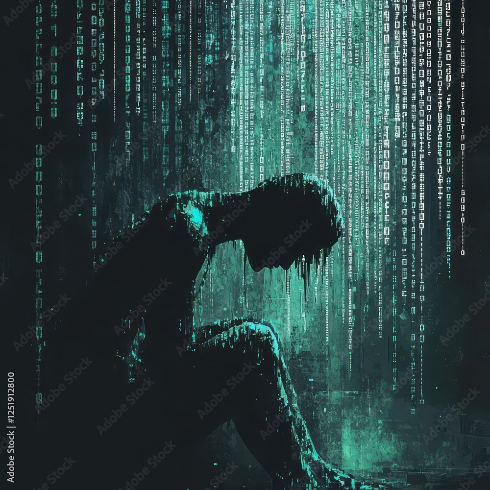 Poster figure slumped under streaming binary code in digital depression