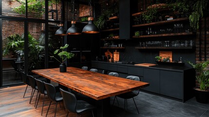 Modern industrial dining room with large wooden table and dark accents