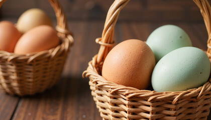 Colorful eggs in woven basket on wooden table, Easter symbolism