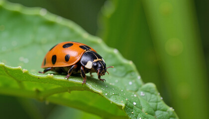 Obraz premium Ladybug exploring leaf edge in lush greenery, nature's beauty
