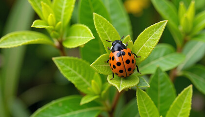 Vibrant ladybug on green leaf in spring garden, nature's beauty