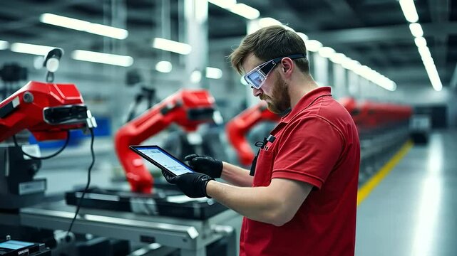 A quality control specialist, reviewing error detection metrics on a tablet while overseeing an automated assembly line producing high-tech components.