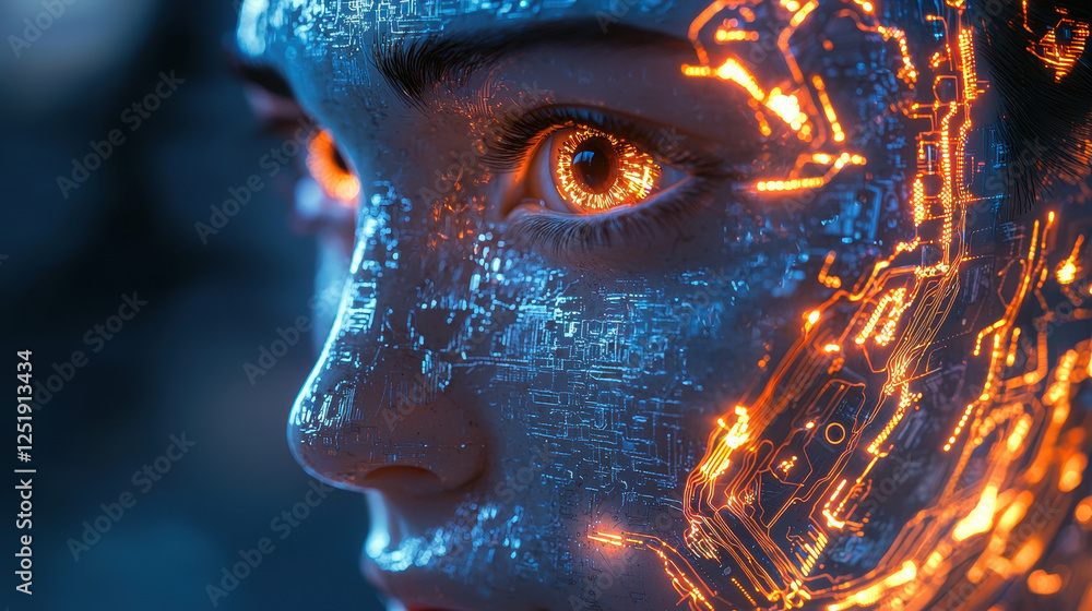 Poster close-up of a humanoid android face with glowing circuitry and expressive skin