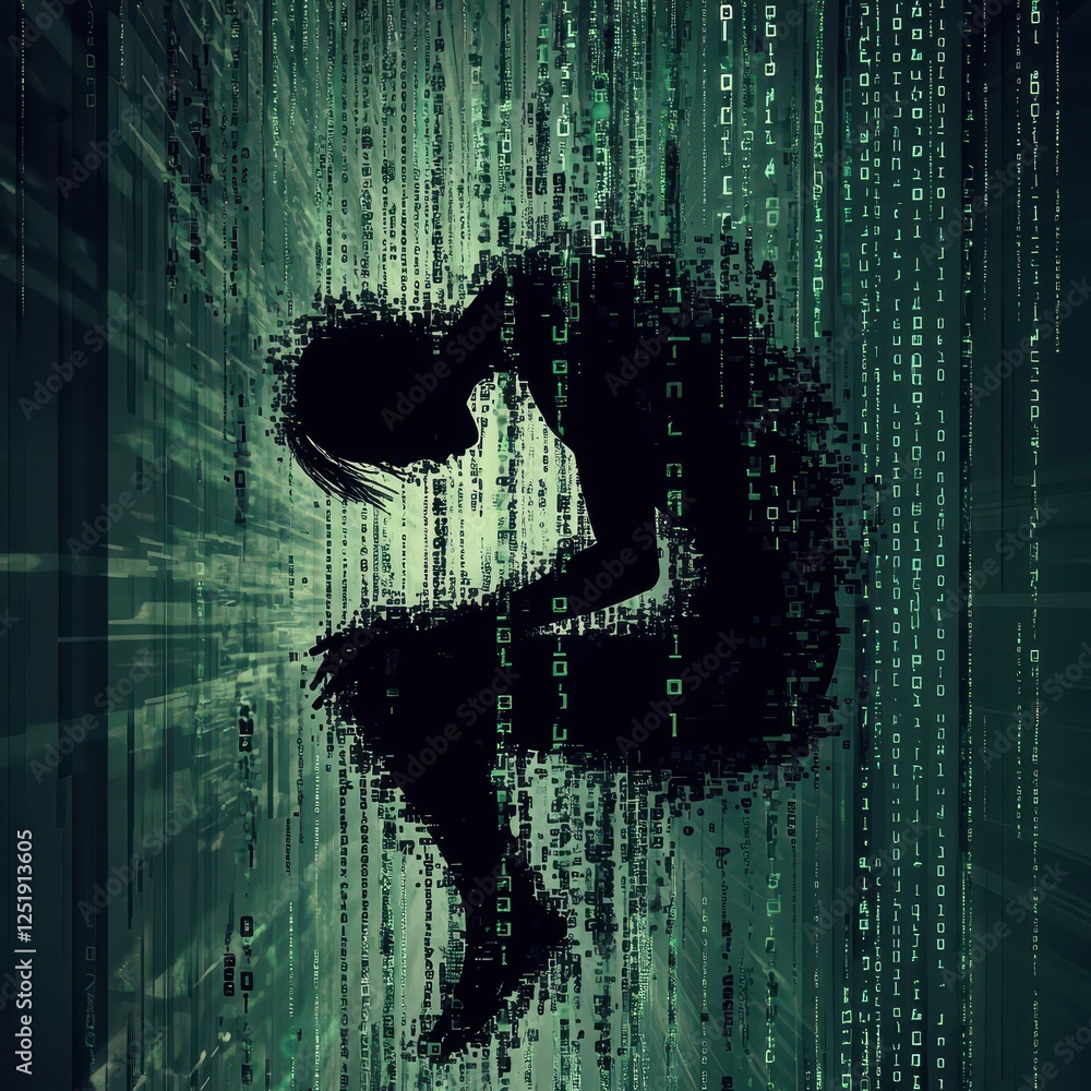 Poster silhouette of a person disintegrating into digital data streams