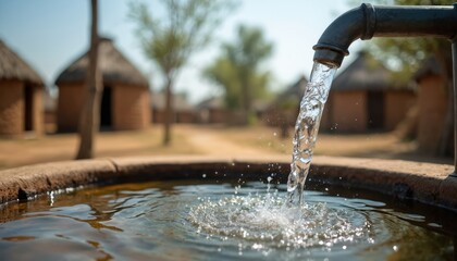 Clean water flows from well tap in village. Community well provides clean water to population with modern purification system. Public health improvement project. Village backdrop. Close up, selective