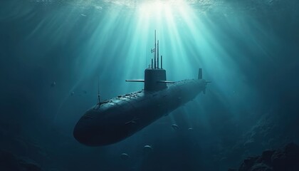 Illustration of military submarine diving underwater. Nuclear ship submerges quietly under calm sea surface. Naval vessel travels ocean on stealth mission. Powerful navy boat with missiles underwater.