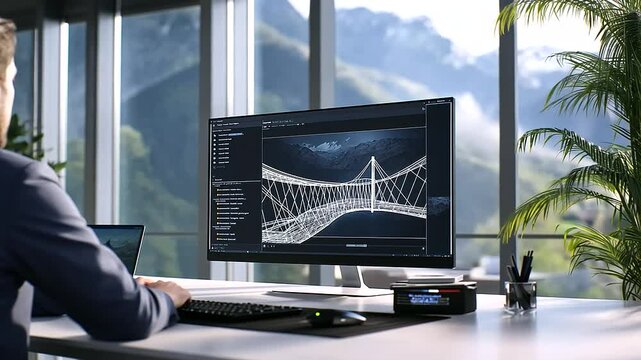 A modern office with minimalist decor, where an engineer in casual attire is analyzing a complex bridge design on a CAD software interface.