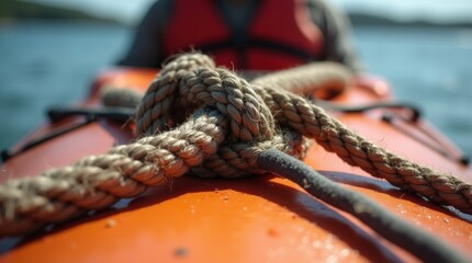 A close-up of a rope tied securely around a kayak, highlighting the knot and texture