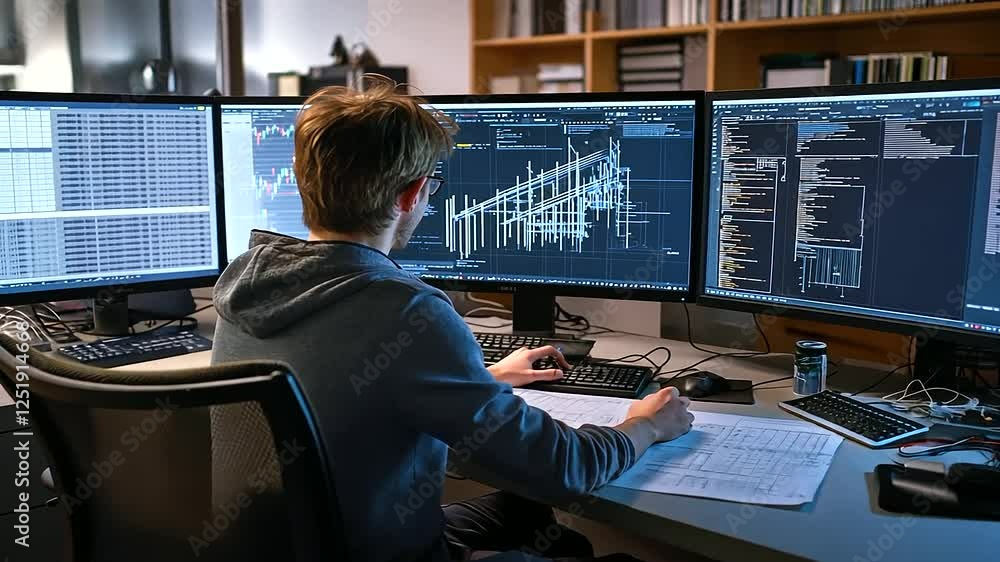 Poster a well-lit, modern engineering studio, where an expert in casual attire is making annotations on a s