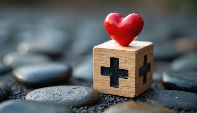 Wooden cube with plus sign and heart. Wooden block with health symbol on stones. Health care awareness concept for zero accident work environment. Symbolizes safety and health.