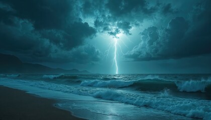 Stormy ocean illustration with lightning strike. Seascape featuring dark blue sky, heavy clouds, sea waves. Thunderstorm over sea at night. Dark nature background. Perfect for meteorology,