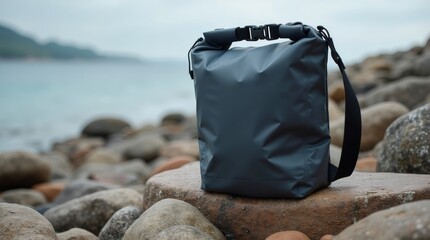 A rugged dry bag placed on a rocky shore, showcasing its waterproof design and durability