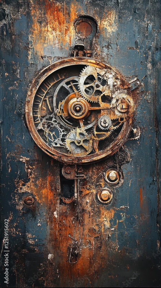 Poster an old rusty mechanism featuring gears and intricate mechanical parts