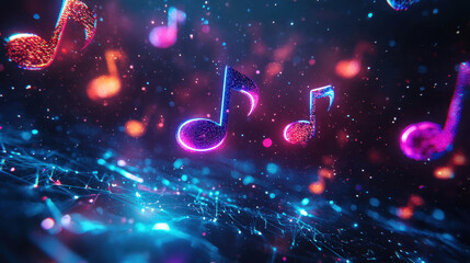 Glowing neon musical notes illuminate darkness in a vibrant digital composition