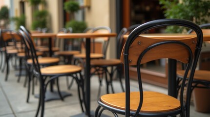 A pair of classic bistro-style chairs with metal and wood accents in an outdoor cafe, creating a cozy and inviting atmosphere in warm daylight.