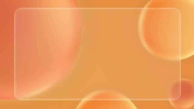 Glassmorphism background with orange bubbles. Animated motion graphic. Transparent glass over moving and morphing spherical shapes. Digital Projects glass morph, card presentation. 4K	
