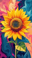 Vibrant sunflower portrait with a colorful and fluid background