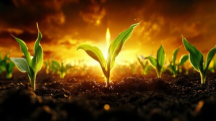 Young corn sprouts emerge from dark soil, bathed in the warm glow of a vibrant sunset.