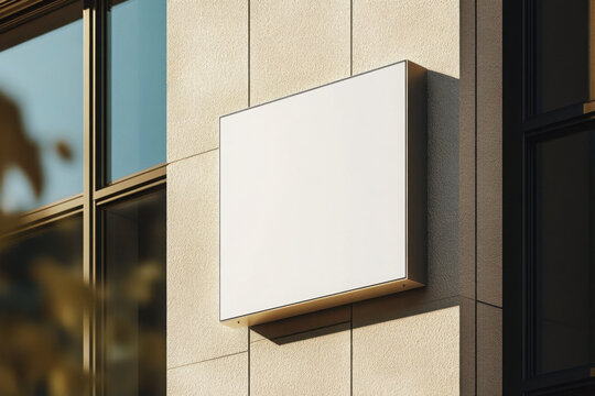 Square light box empty display on beige concrete wall outdoors, mock up