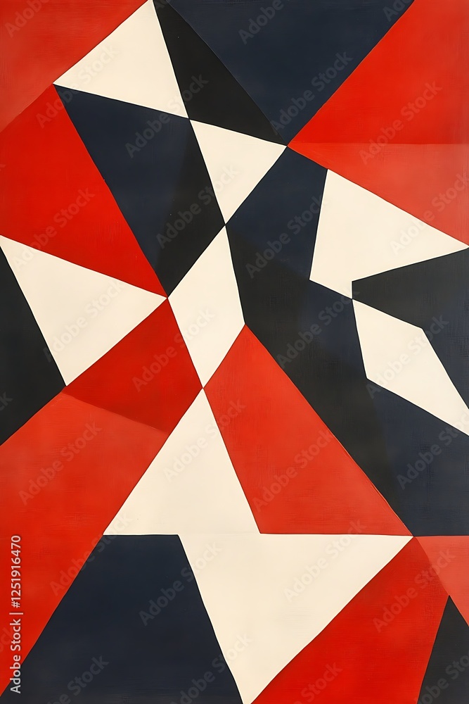 Poster abstract polygonal backdrop featuring a bold gradient of red, white, and dark blue with a striking t