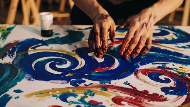 Artist creating abstract swirls with their hands on a large canvas, blending vivid blue, red, and yellow paint