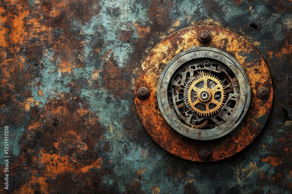 Poster intricate clockwork mechanism mounted on a weathered rusty surface
