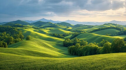 Obraz premium Rolling Hills with Patchwork Farmland Under Cloudy Skies – Generative AI