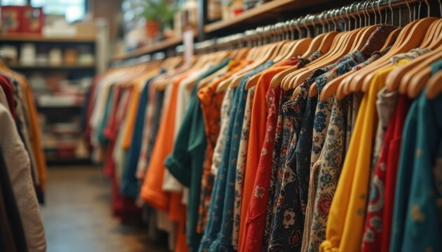 Assorted vibrant clothes on hangers fill vintage thrift shop. These garments showcase unique patterns and styles. This retro apparel creates aesthetic shopping experience with sustainable fashion.